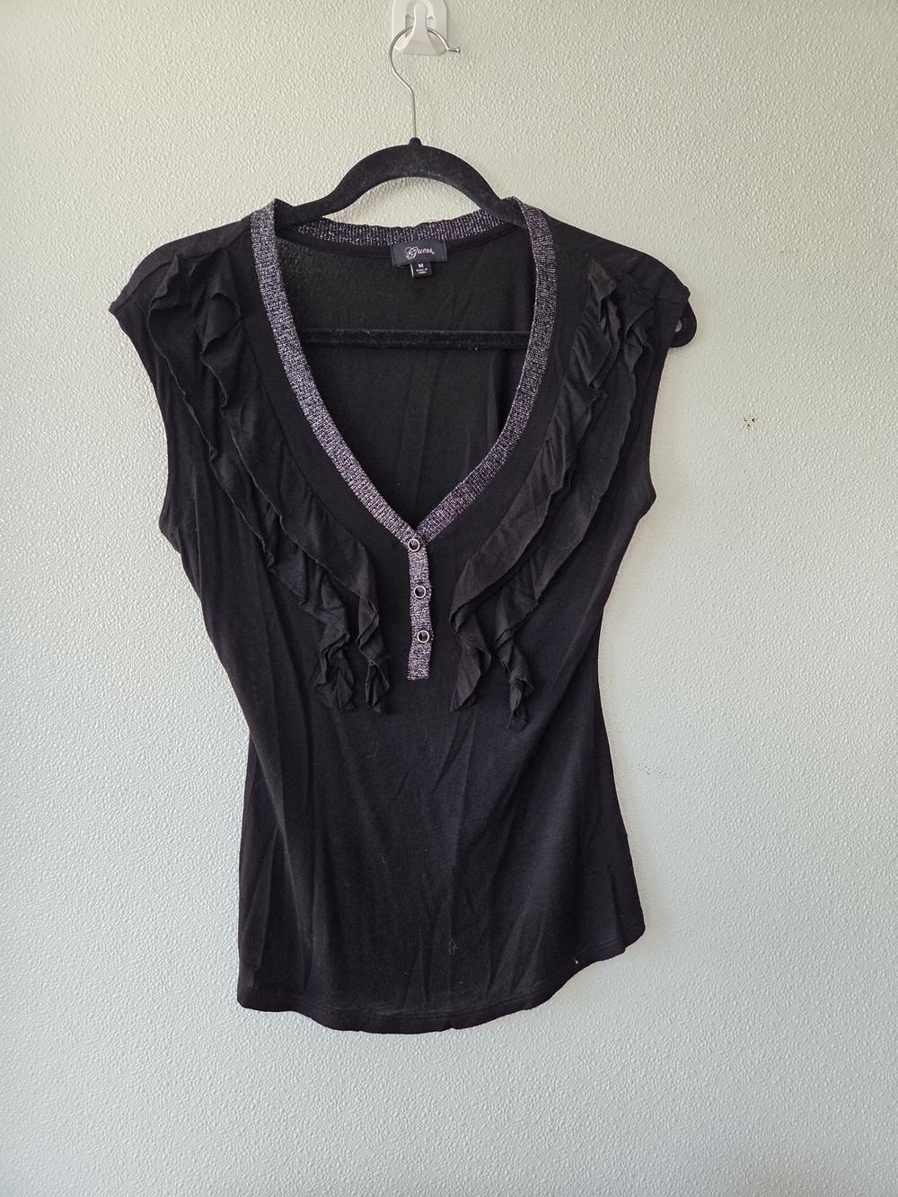 Guess Black Ruffled V-Neck Camisole with Metallic Trim